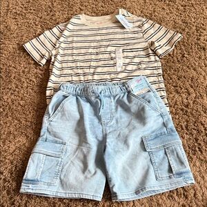 Cat & Jack Tan Striped Shirt and Light Blue Shorts Set